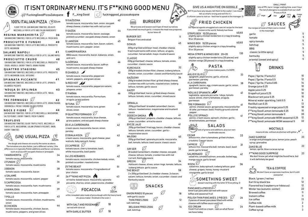 menu f**king good restaurant zakopane EN